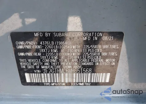 2021 Subaru Crosstrek Limited z USA, uszkodzony, nr VIN JF2GTHMC6MH651568